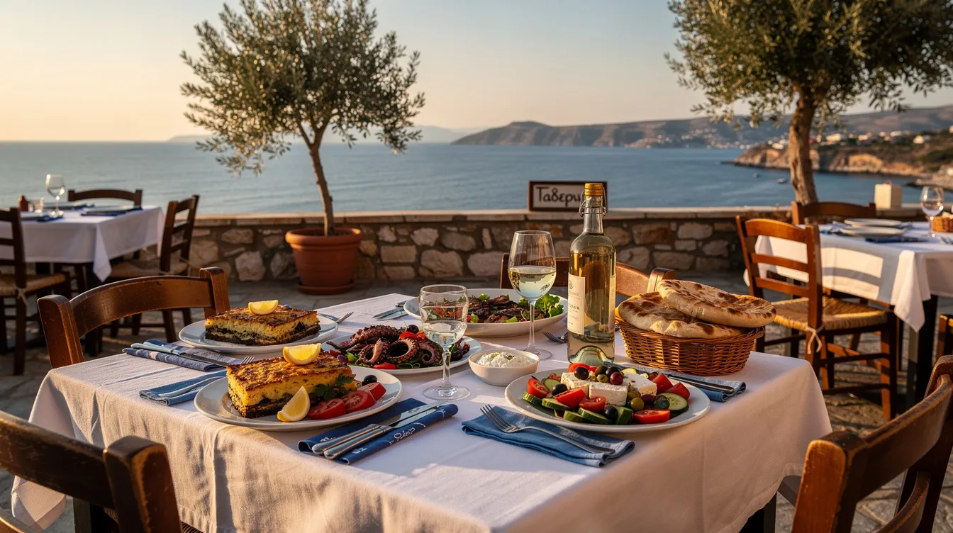 Ein gedeckter Tisch in einer Taverne im Freien bietet eine Auswahl an traditionellen griechischen Gerichten, während im Hintergrund das glitzernde Meer der nordwestlichen Küste von Korfu zu sehen ist. Die Atmosphäre ist einladend und perfekt für Touristen, die die köstlichen Speisen und die wunderschöne Landschaft von Agios Stefanos genießen möchten.