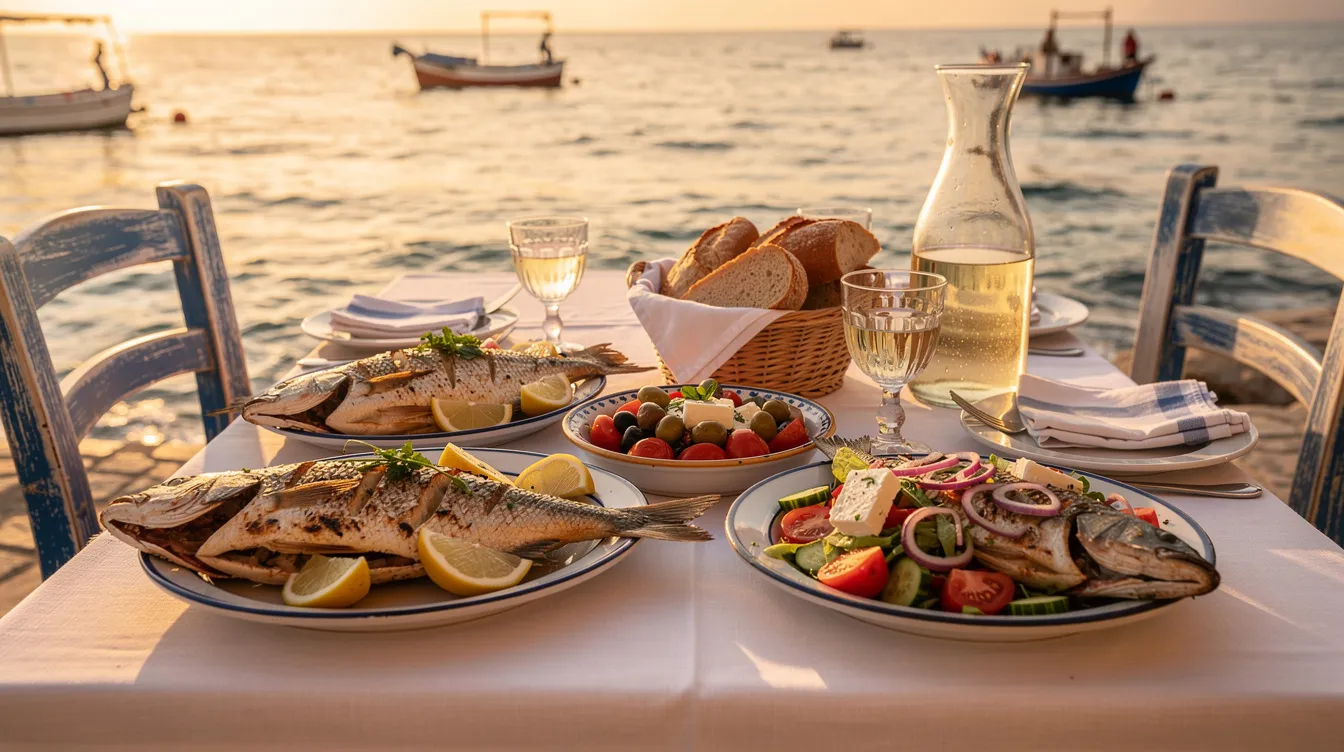 Ein gedeckter Tisch in einer griechischen Taverne am Wasser zeigt eine köstliche Auswahl an Fischplatten, frischem Salat, Brot und einer Weinkaraffe, umgeben von der malerischen Kulisse des Fischerdorfs Benitses an der Ostküste von Korfu. Die Atmosphäre lädt Touristen ein, die regionale Küche in diesem charmanten Ferienort zu genießen.