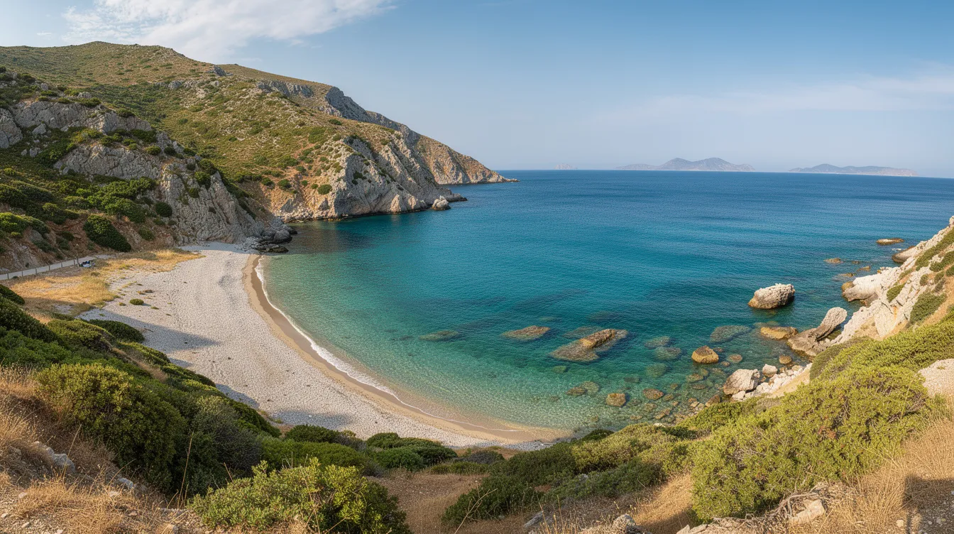 Ein Panoramablick zeigt eine kleine, von grünen Hügeln und Felsen umgebene Meeresbucht an der Westküste der griechischen Insel Korfu. Das klare Wasser und die ruhige Umgebung laden zu einem entspannten Urlaub in Ermones ein, wo Gäste die Schönheit der Natur genießen können.
