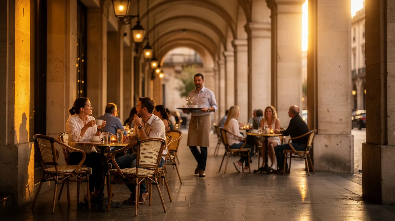 Ein eleganter Steinbogen-Weg mit Café-Tischen und Stühlen, auf dem Menschen sitzen und bei warmem Abendlicht Kaffee trinken. Diese Szenerie spiegelt das charmante Flair der Altstadt von Korfu wider, umgeben von historischer Architektur und einer einladenden Atmosphäre.