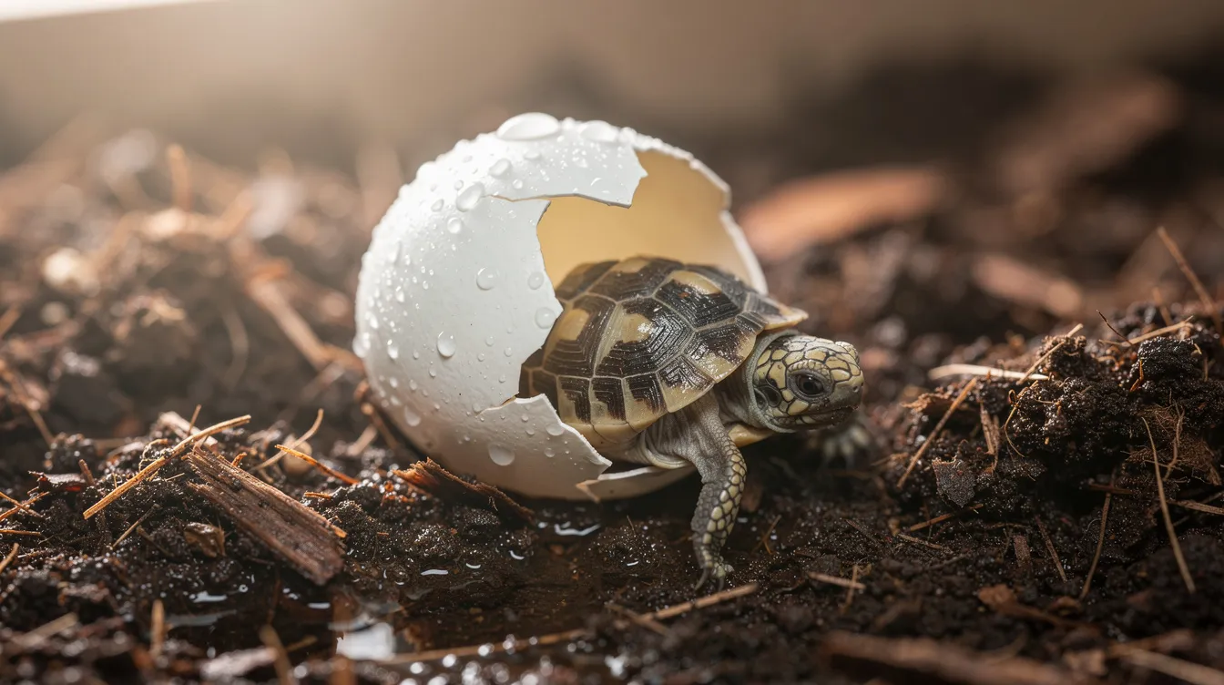 Eine kleine Landschildkröte schlüpft gerade aus ihrem weißen Ei und krabbelt auf feuchtem Substrat. Dieses Naturschauspiel zeigt den Beginn des Lebens eines Babyschildkröten, das sich auf den Weg ins Freie macht.