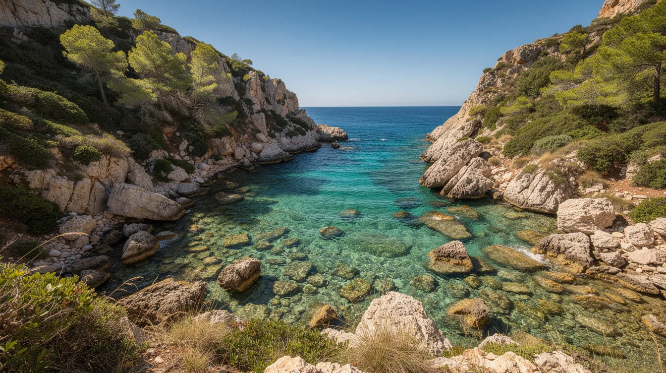Ein versteckter, felsiger Bucht mit kristallklarem, türkisfarbenem Wasser, umgeben von üppiger grüner Vegetation auf einer mediterranen Insel. Diese idyllische Landschaft lädt Urlauber ein, die Freiheit zu genießen, während sie mit einem Mietwagen auf Korfu die Schönheit der Umgebung erkunden.