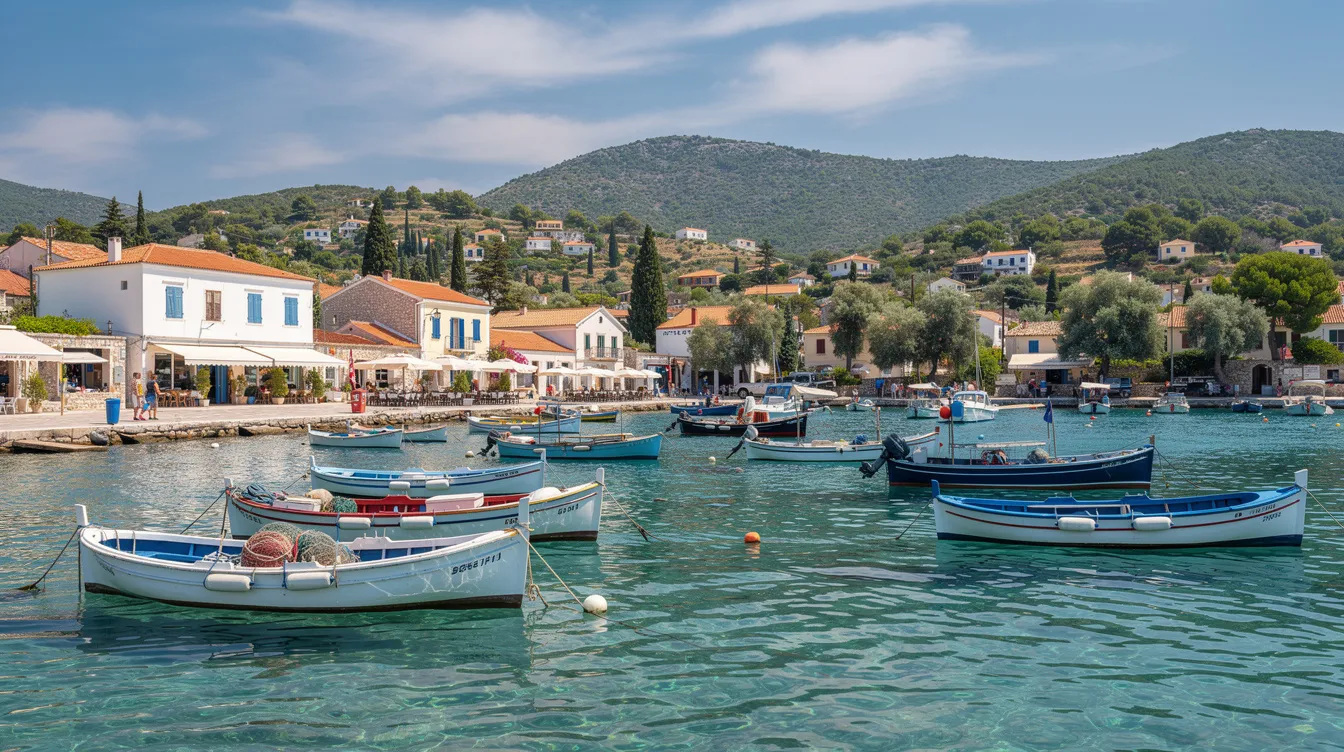 Ein Panoramablick auf den Hafen von Kassiopi zeigt kleine Fischerboote, die sanft im türkisen Wasser schaukeln, während im Hintergrund grüne Hügel aufragen. Diese idyllische Szene ist typisch für Kassiopi auf Korfu und vermittelt das Gefühl eines traumhaften Urlaubs in Griechenland.