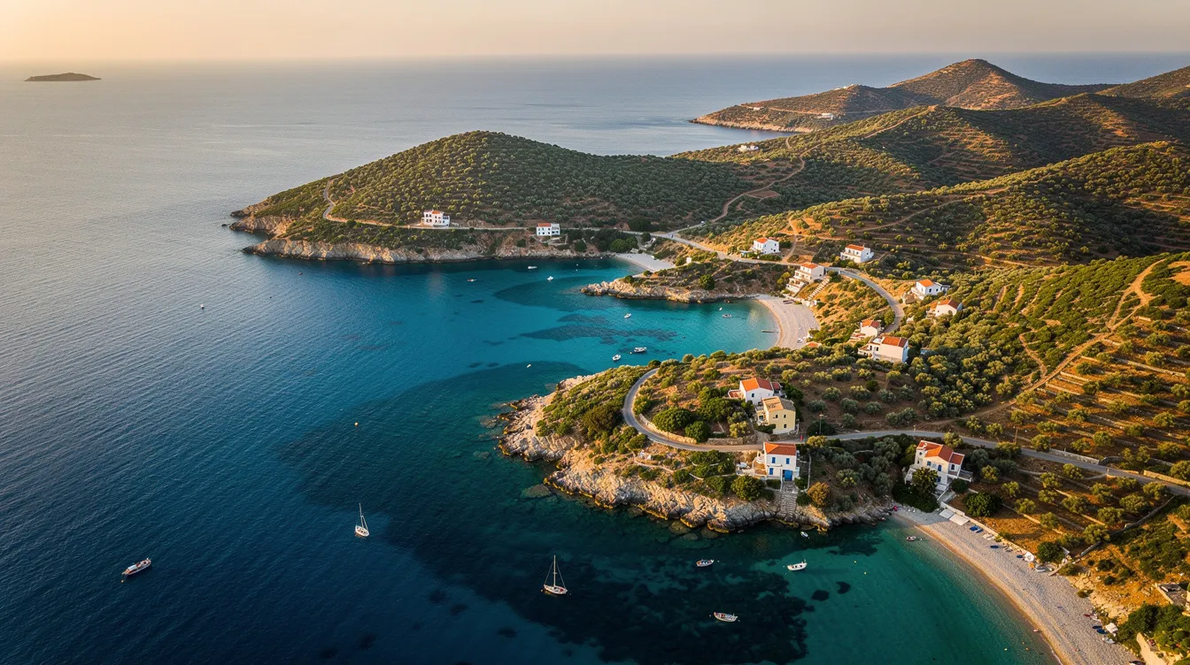 Das Bild zeigt die üppig grüne griechische Insel Korfu aus der Vogelperspektive, umgeben von türkisfarbenen Buchten und verstreuten Dörfern. Die sanften Hügel und die vielfältige Vegetation sind typisch für diese Region der ionischen Inseln, die für ihre schönen Strände und historischen Sehenswürdigkeiten bekannt ist.