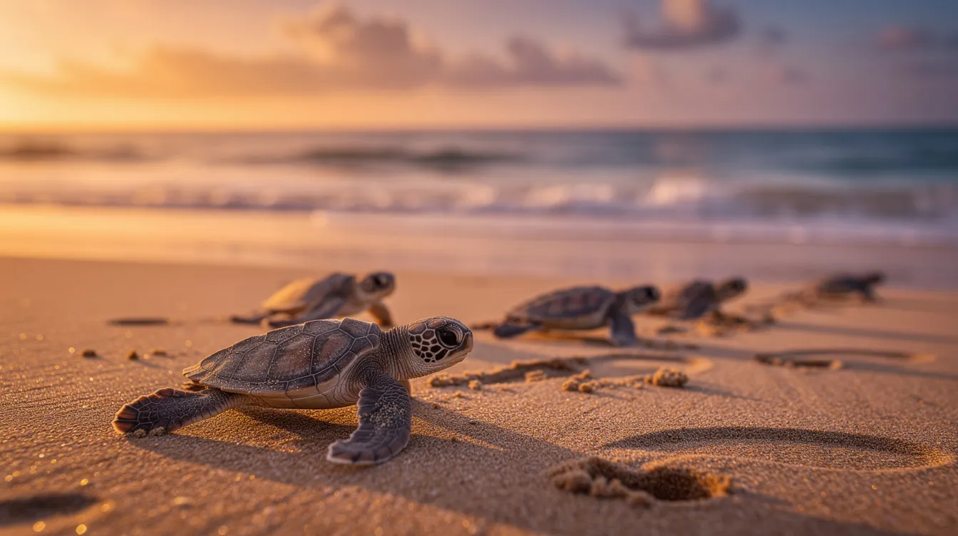 Auf einem tropischen Sandstrand krabbeln kleine Meeresschildkröten, auch bekannt als Babyschildkröten, in Richtung Ozean, während die Sonne am Horizont untergeht. Dieses Naturschauspiel zeigt das Leben der unechten Karettschildkröte, die von ihrem Nest aus den Weg ins Wasser sucht.