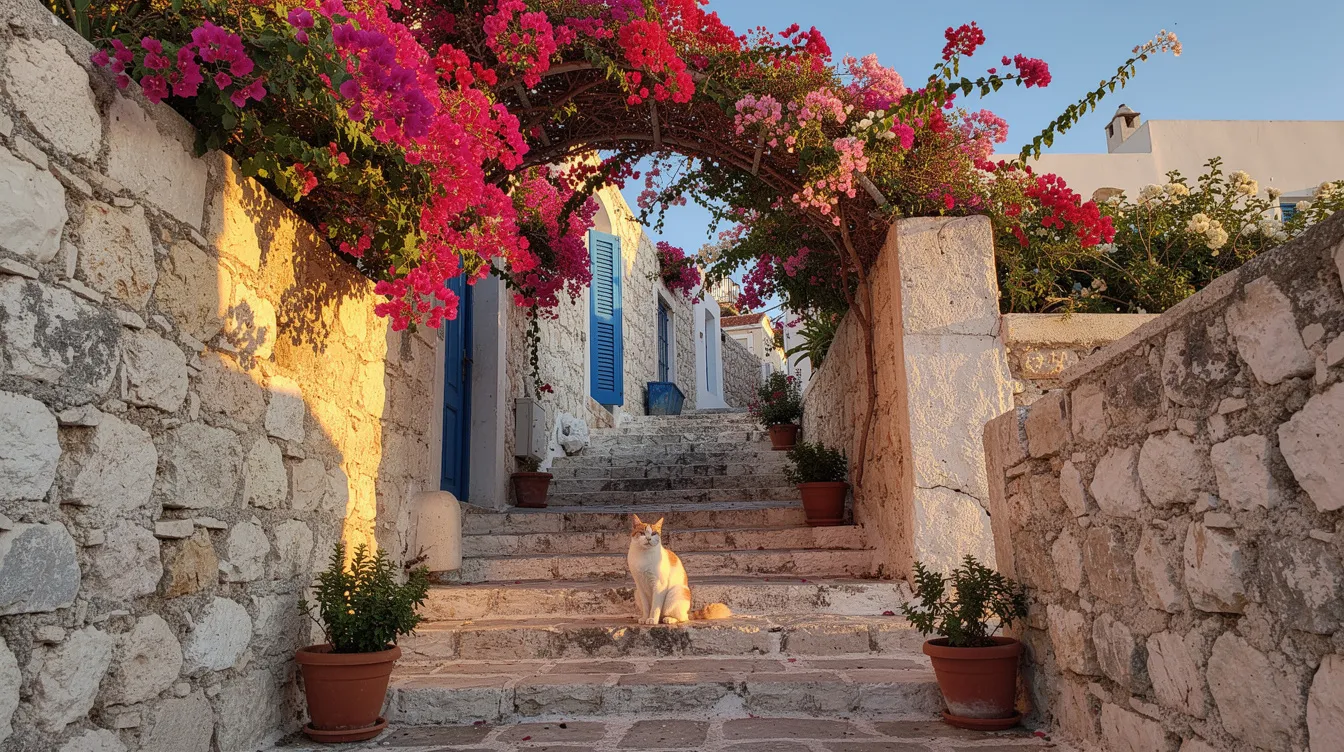 Eine enge Gasse in einem griechischen Dorf zeigt alte Steinmauern, die mit blühenden Bougainvillea geschmückt sind, während eine Katze entspannt auf der Treppe sitzt. Diese malerische Szenerie spiegelt die charmante Atmosphäre von Benitses auf Korfu wider, einem beliebten Ferienort an der Ostküste der Insel.