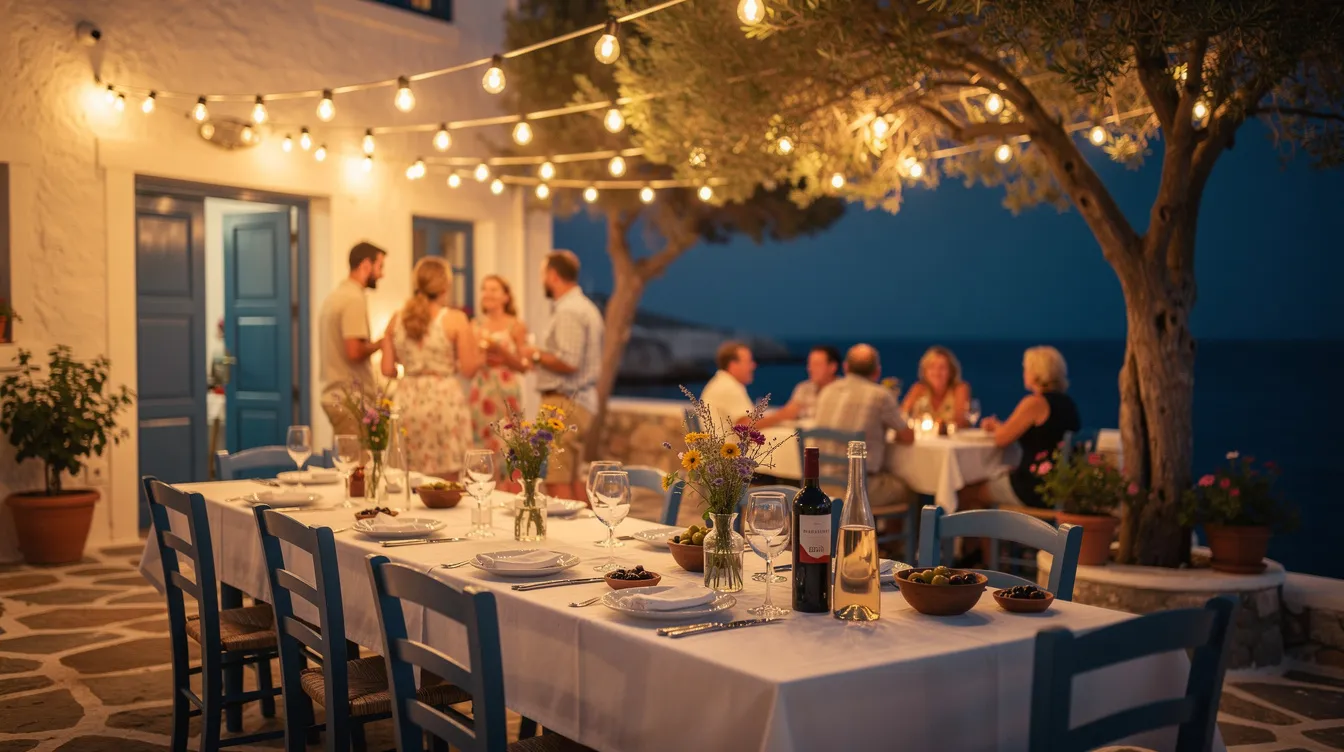 Eine stimmungsvolle Abendszene in einer griechischen Taverne in Moraitika, Korfu, zeigt gedeckte Tische unter funkelnden Lichterketten, während im Hintergrund das sanfte Licht der Umgebung und die Geräusche von Live-Musik die Atmosphäre eines perfekten Urlaubsortes schaffen. Diese Taverne ist ein beliebter Treffpunkt für Urlauber, die die griechische Küche und die gesellige Atmosphäre genießen möchten.