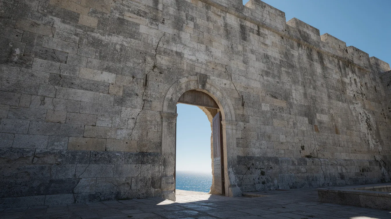 Das Bild zeigt eine massive steinerne Festungsmauer mit einem großen Torbogen, der den Blick auf den blauen Himmel und das Meer freigibt. Diese beeindruckende Festung, Teil der Altstadt von Korfu, ist ein bedeutendes Wahrzeichen und zeugt von der Geschichte der venezianischen Baukunst auf der Insel.