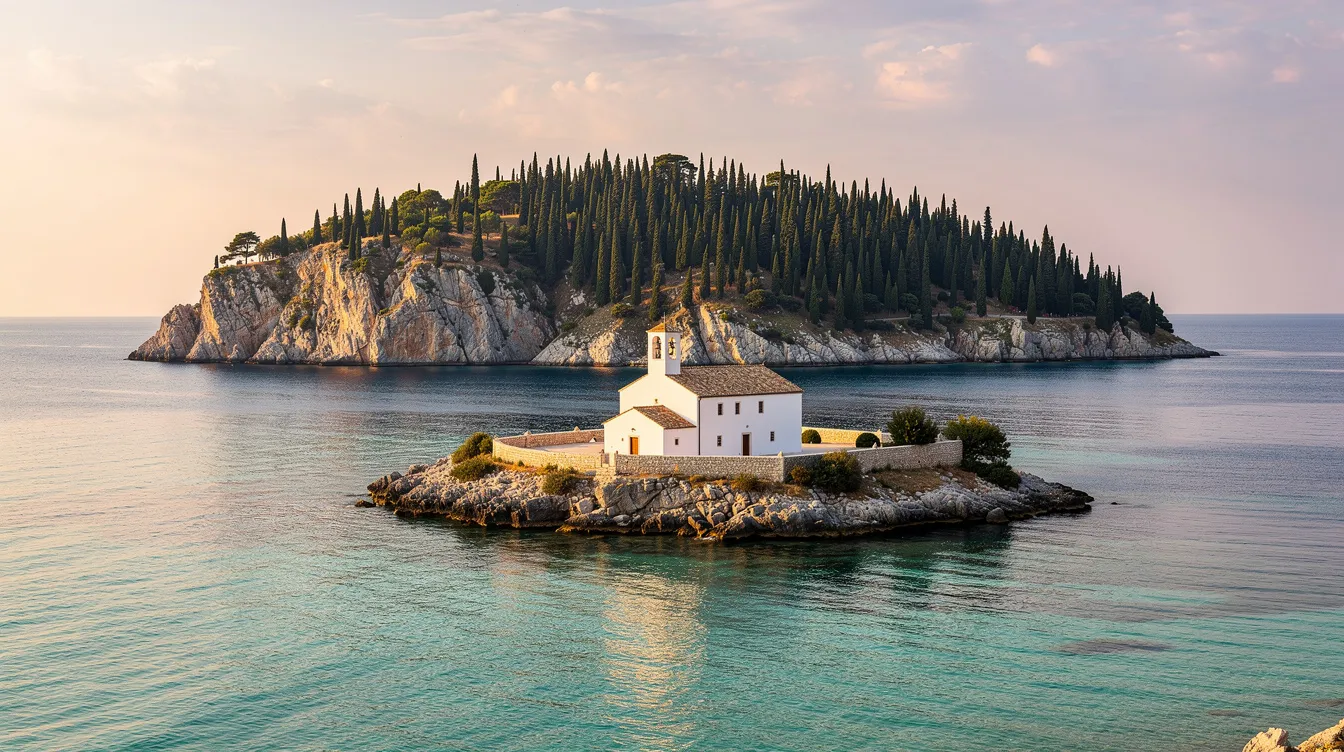 Der Panoramablick zeigt eine türkisfarbene Lagune, umgeben von einer malerischen Landschaft mit einem kleinen weißen Kloster auf einer Insel. Im Hintergrund erhebt sich eine zypressenbewachsene Felsinsel, die die Schönheit dieser griechischen Küstenregion unterstreicht.