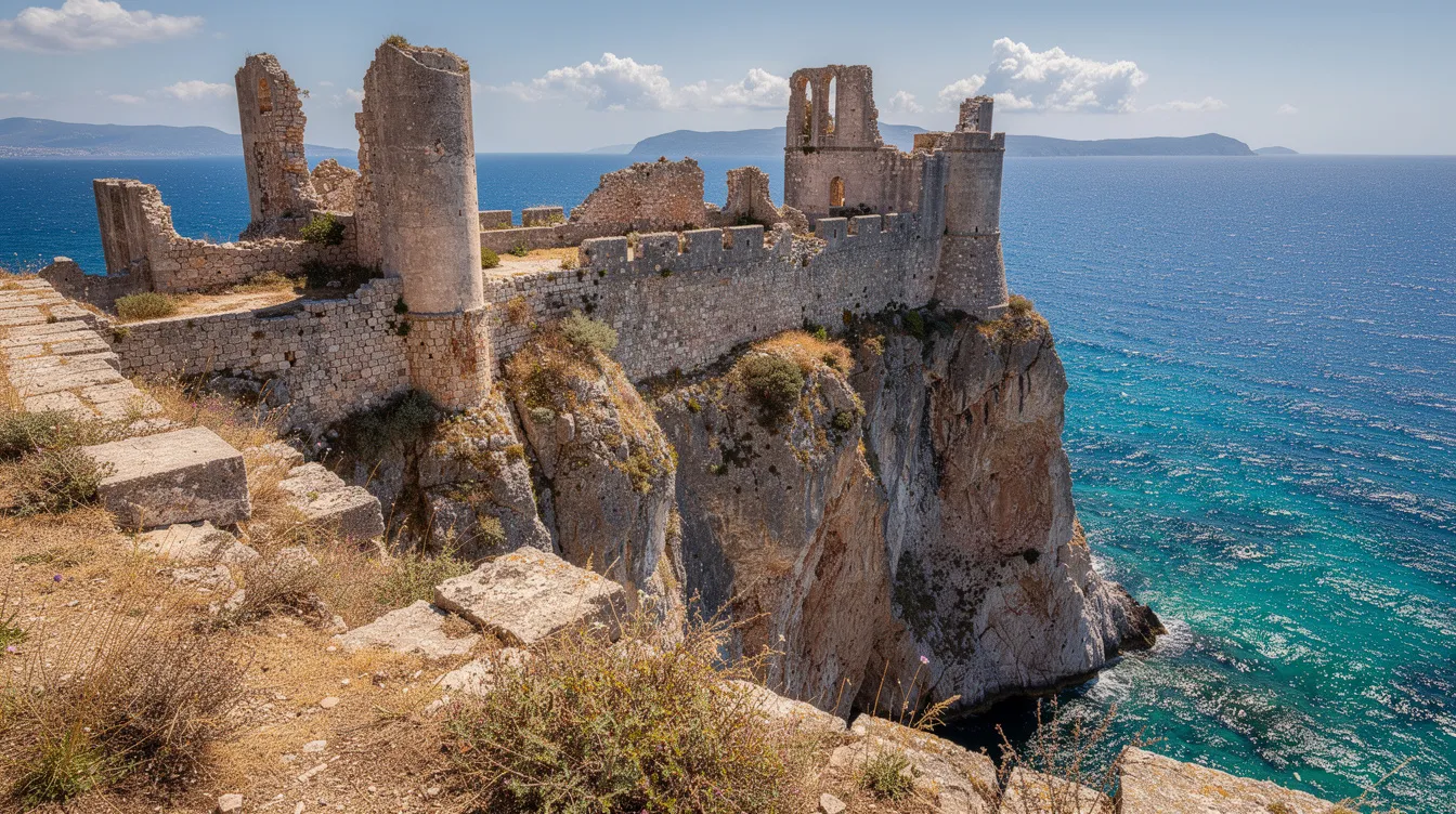 Die Ruinen einer alten Festung thronen majestätisch auf einem steilen Felsen und bieten einen atemberaubenden Blick über das tiefblaue Ionische Meer. Diese Sehenswürdigkeit auf Korfu ist ein faszinierendes Zeugnis der Geschichte und zieht viele Reisende an, die die schönsten Sehenswürdigkeiten der Insel entdecken möchten.