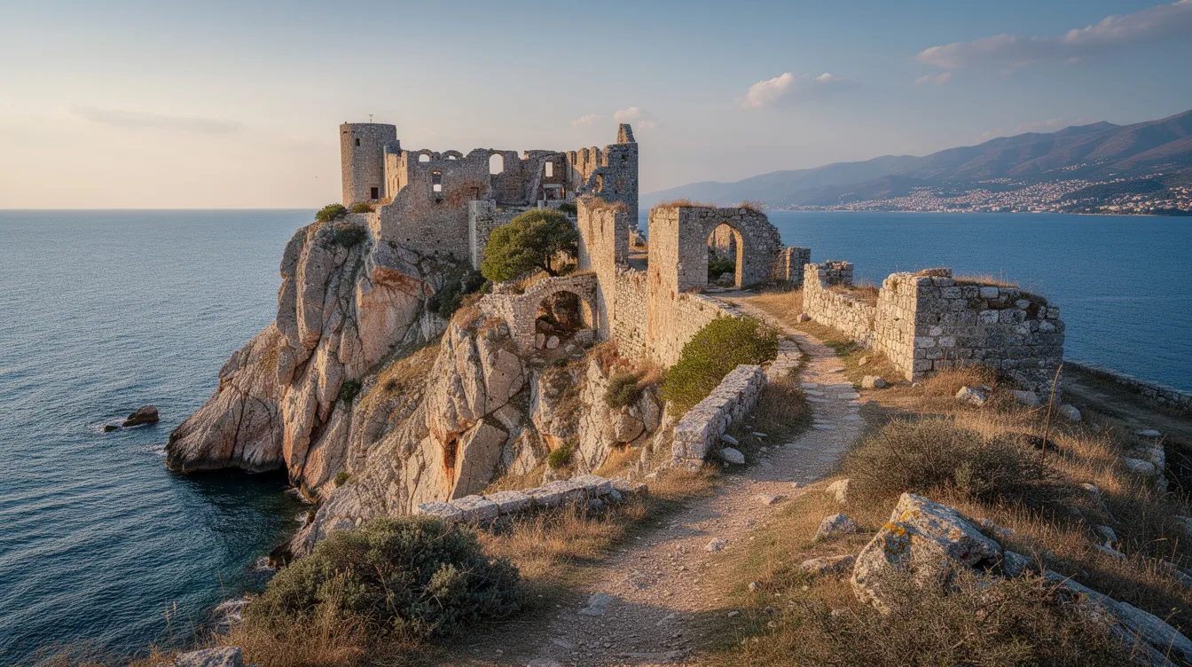 Die Ruinen einer byzantinischen Festung stehen majestätisch auf einer felsigen Halbinsel und bieten einen atemberaubenden Blick auf das tiefblaue Meer und die gegenüberliegende Küste von Korfu. Diese historische Stätte in Kassiopi ist ein beliebtes Ziel für Urlauber, die die Schönheit Griechenlands erkunden möchten.