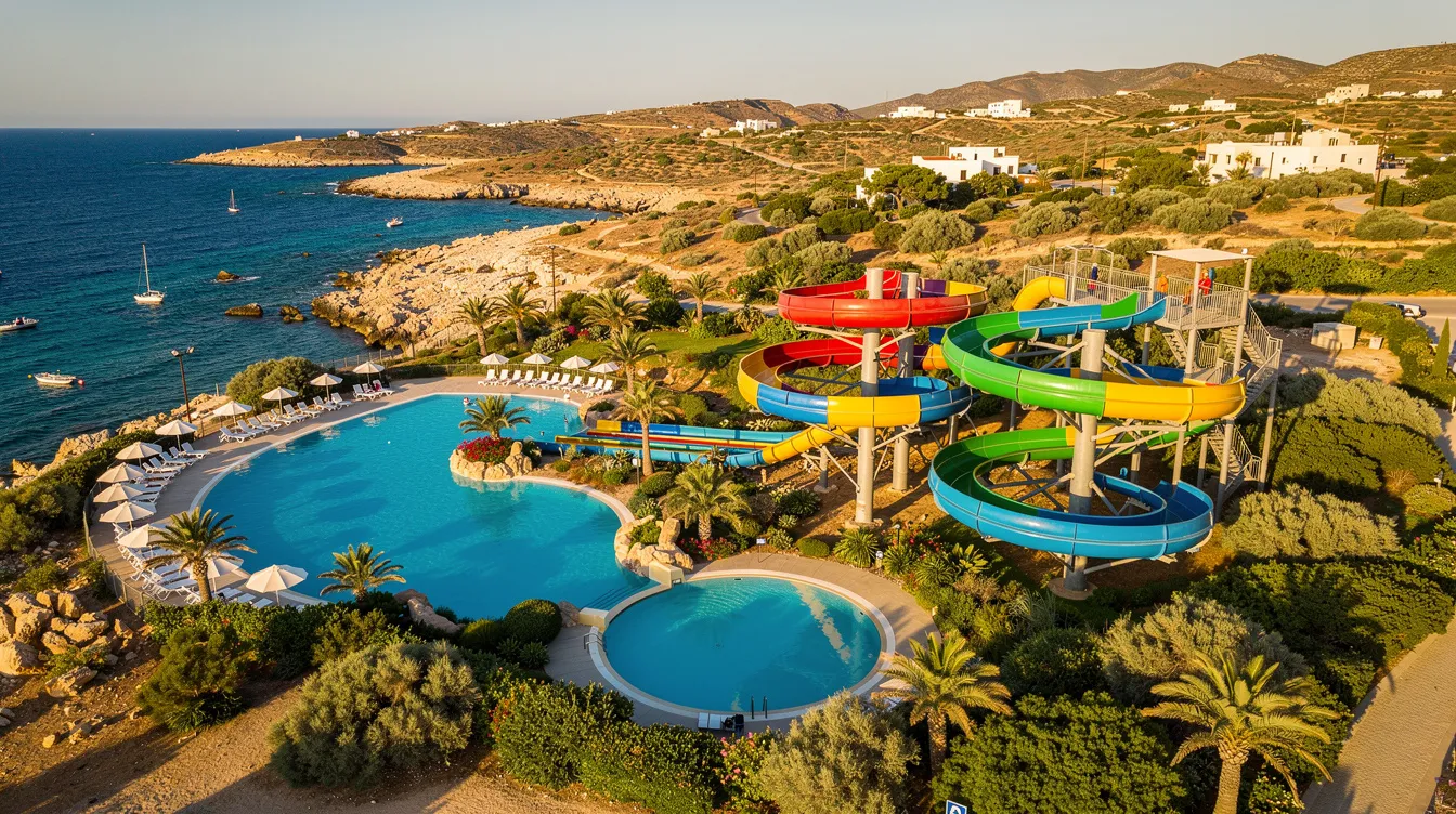 Die Luftaufnahme zeigt den Aqualand Wasserpark auf Korfu, umgeben von üppiger grüner Vegetation. Bunte Wasserrutschen und Pools sind in der Badelandschaft verteilt, während Familien und Kinder fröhlich im Wasser spielen und entspannen.