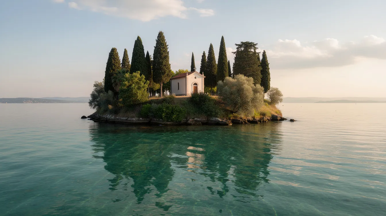 Eine kleine grüne Insel mit einer weißen Kapelle, umgeben von türkisfarbenem Wasser und Zypressen, die eine friedliche Atmosphäre schaffen. Im Hintergrund ist die Altstadt von Korfu mit ihren historischen Gebäuden und der beeindruckenden Architektur zu erkennen.