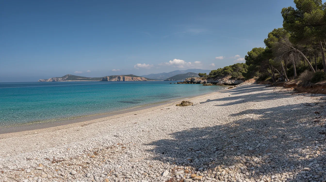 Ein Panoramablick auf die mediterrane Küste von Dassia auf Korfu zeigt türkisblaues Wasser, einen Kiesstrand und Pinien, die am Ufer wachsen. Diese idyllische Landschaft ist ein beliebtes Urlaubsziel für Touristen, die die natürliche Schönheit der Insel genießen möchten.