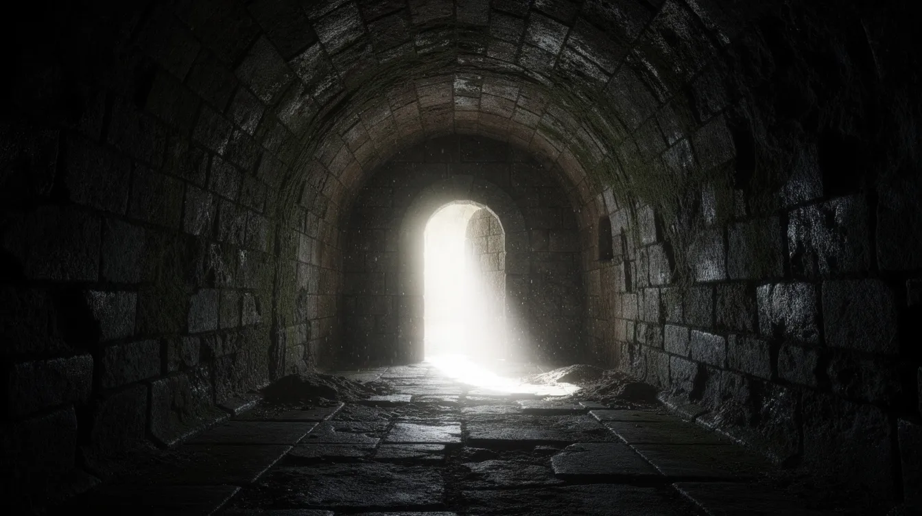 Im Inneren einer alten Festung auf der Insel Korfu führt ein dunkler, gewölbter Steintunnel zu einem hellen Lichtschein am Ende. Dieser Tunnel ist Teil der beeindruckenden Festungsmauern, die die Geschichte der Stadt Korfu und ihrer venezianischen Herrschaft widerspiegeln.