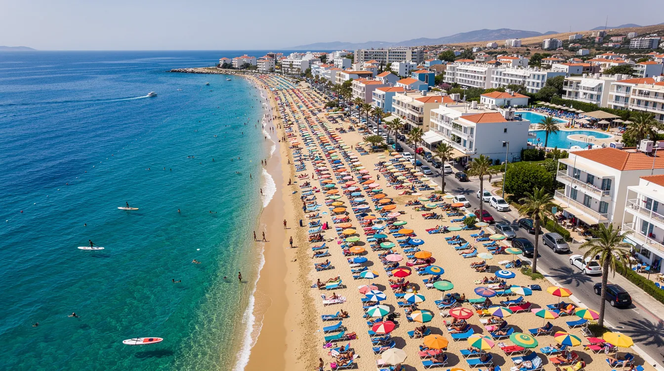 Die Luftaufnahme zeigt einen belebten Badeort an der griechischen Küste, wo sich der lange Sandstrand von Kavos mit dem türkisfarbenen Meer verbindet. Umgeben von Hotels und Restaurants, ist dieser Urlaubsort ein beliebtes Ziel für Partytouristen und Familien, die die Vielfalt an Aktivitäten und das Nachtleben genießen möchten.