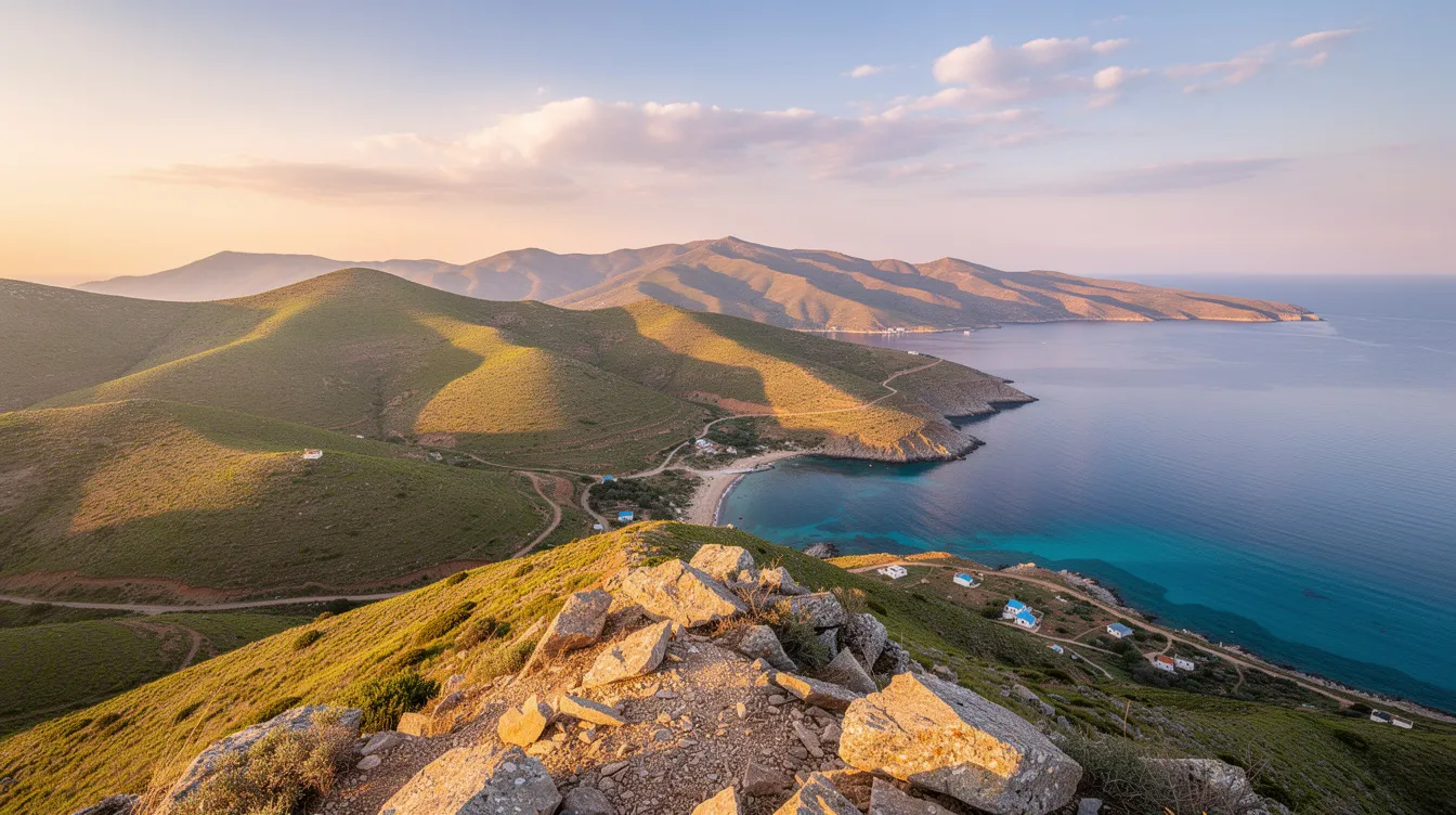 Der Panoramablick von einem Berggipfel zeigt die Schönheit der griechischen Insel Korfu, mit grünen Hügeln, die sanft ins türkisfarbene Meer übergehen, während die ersten Sonnenstrahlen den Himmel erleuchten. Diese beeindruckende Landschaft lädt zu einer Wanderung ein, um die Ruhe und Stille der Natur zu genießen.