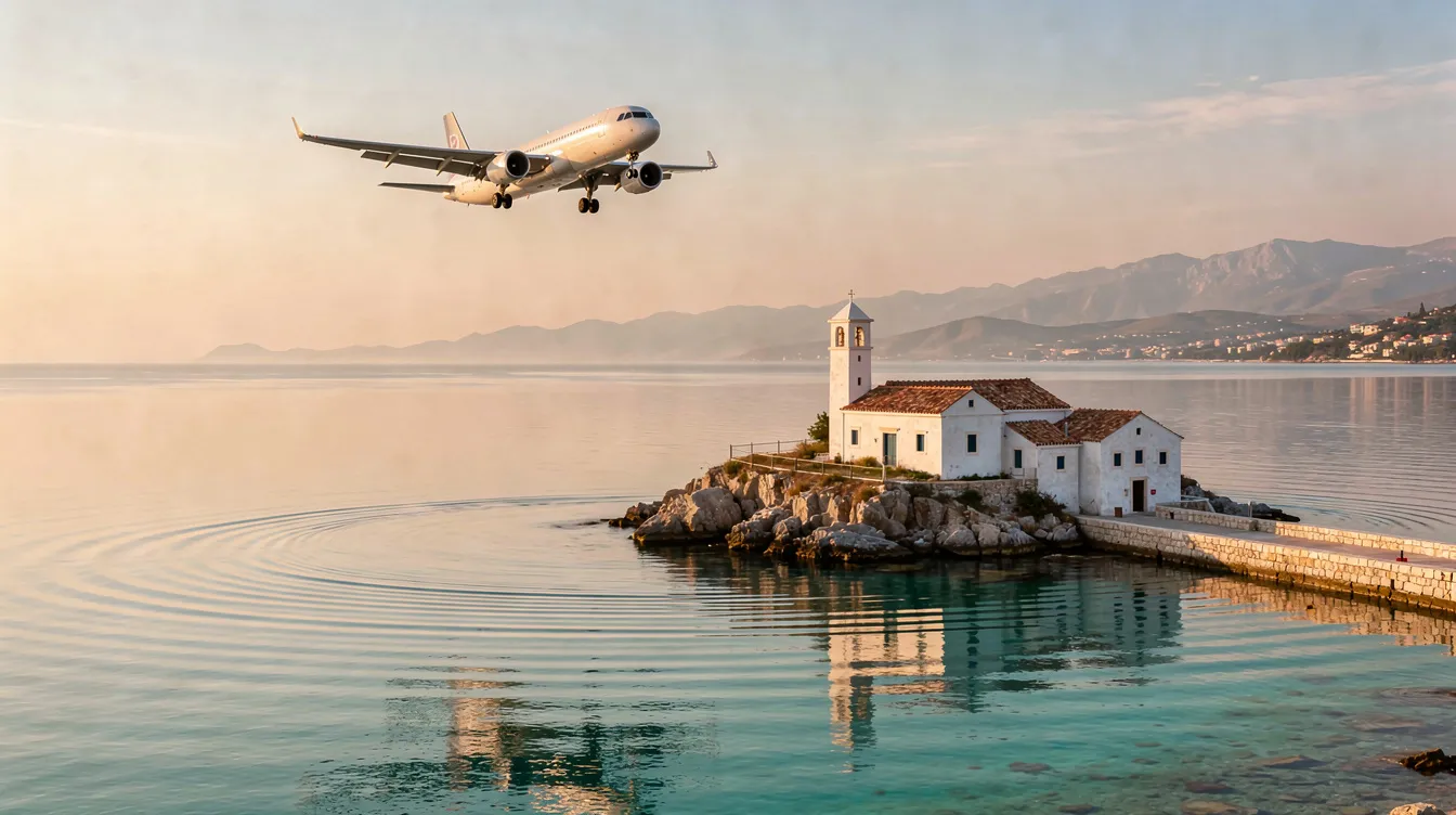 Ein Flugzeug im Landeanflug schwebt niedrig über einer ruhigen Lagune, während im Vordergrund ein weißes Kloster auf einer kleinen Insel zu sehen ist. Die Szenerie bietet einen malerischen Ausblick auf die Umgebung, die typisch für Griechenland ist, und erinnert an die Schönheit der Insel Korfu.