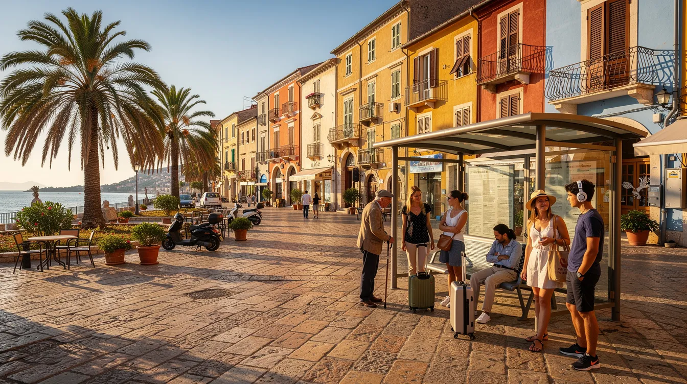 Ein malerischer Platz in einer mediterranen Altstadt, wo Menschen an einer Haltestelle auf den Korfu-Stadtbus warten. Umgeben von bunten Gebäuden und hohen Palmen vermittelt der Ort eine entspannte Atmosphäre in Griechenland.