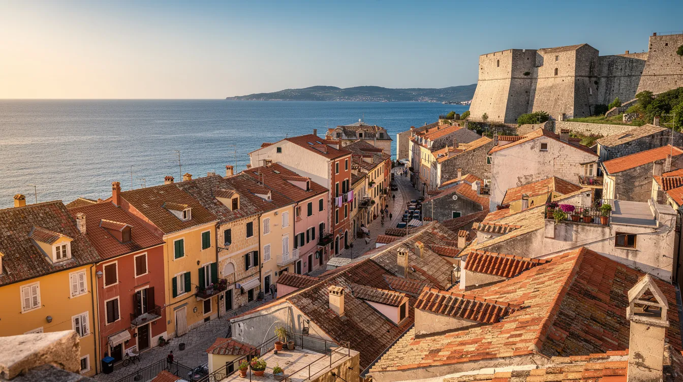 Das Panorama zeigt die Altstadt von Korfu mit ihren bunten Gebäuden, engen Gassen und den beeindruckenden Festungsmauern, die sich vor dem blauen Meer erstrecken. Diese historische Stadt, auch bekannt als Kerkyra, bietet einen faszinierenden Blick auf die Architektur und die Atmosphäre, die von Jahrhunderten der Geschichte geprägt ist.