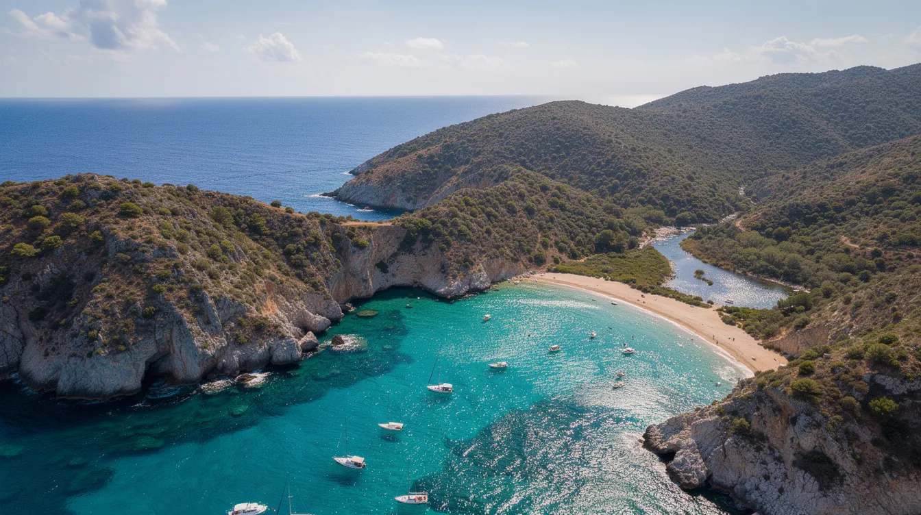 Luftaufnahme von türkisblauen Buchten, umgeben von üppigen grünen Hügeln an der Küste einer griechischen Insel, die ein ideales Reiseziel für Urlauber darstellt. Diese malerische Landschaft auf Korfu bietet die perfekte Kulisse für einen Mietwagen, um die Schönheit der Strände und die Architektur der Altstadt zu erkunden.
