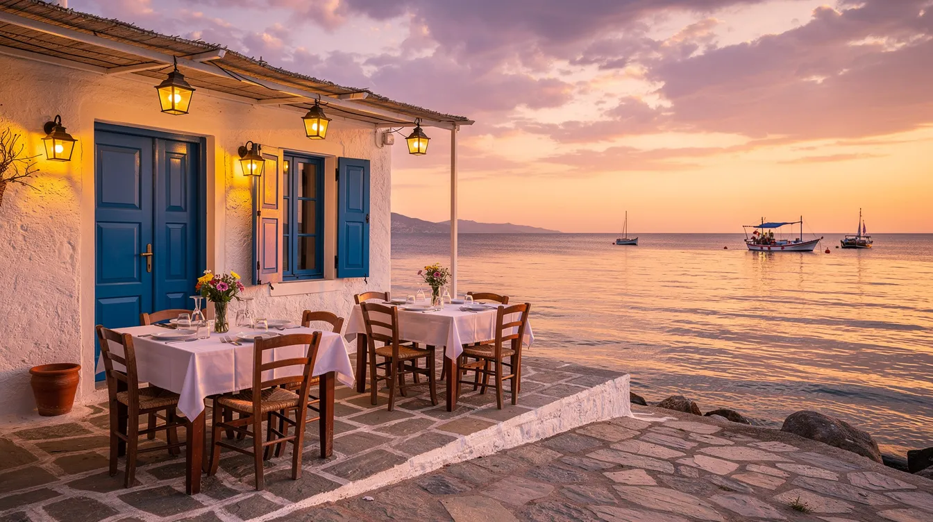 Die gemütliche griechische Taverne am Meer in Sidari bietet bei Sonnenuntergang eine romantische Atmosphäre mit gedeckten Tischen und Laternen, die das Bild eines perfekten Urlaubs an der nordküste Korfu vervollständigen. Im Hintergrund sind sanfte Wellen zu hören, während die Sonne langsam hinter den Felsen verschwindet.