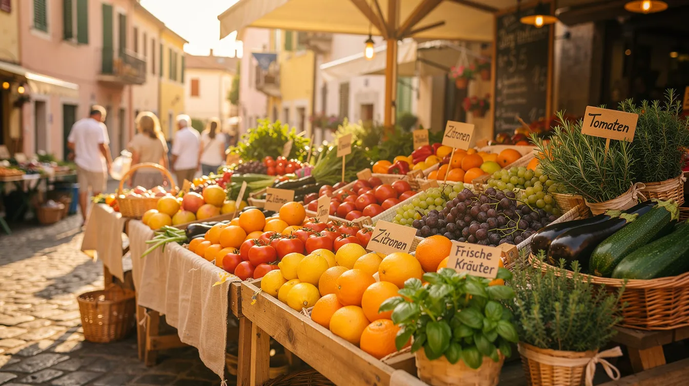 Auf dem mediterranen Markt in Korfu Stadt strahlen die bunten Marktstände im Morgenlicht, gefüllt mit frischem Obst, Gemüse und duftenden Kräutern. Die lebendige Atmosphäre und die Vielfalt der angebotenen Produkte spiegeln die Traditionen und das Leben der Korfioten wider.