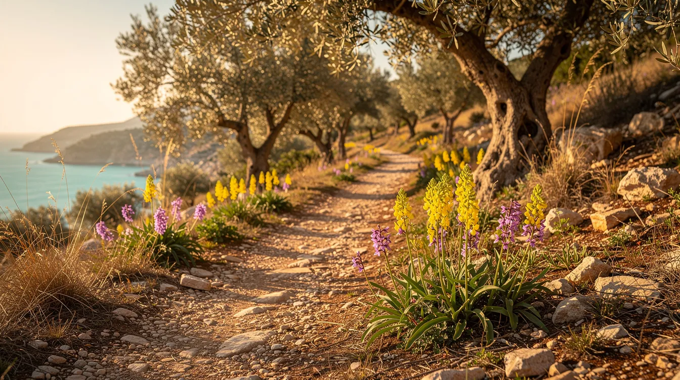 Ein steiniger Wanderpfad schlängelt sich zwischen Olivenbäumen und wird von wilden Orchideen und gelbem Ginster gesäumt, während die mediterrane Landschaft der Insel Korfu im Frühling erblüht. Diese malerische Umgebung lädt Wanderer ein, die Schönheit der Natur und die Ruhe der Region zu genießen.