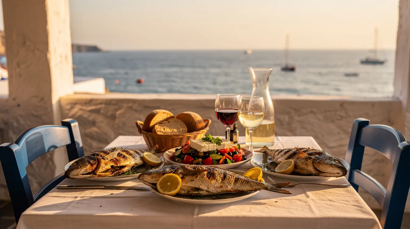Ein gedeckter Tisch in einer griechischen Taverne zeigt gegrillten Fisch, frischen Salat und ein Glas Wein, während im Hintergrund das glitzernde Meer der Westküste von Korfu zu sehen ist. Diese idyllische Szenerie lädt zu einem entspannten Urlaubsort ein, um die griechische Küche und die schöne Aussicht zu genießen.