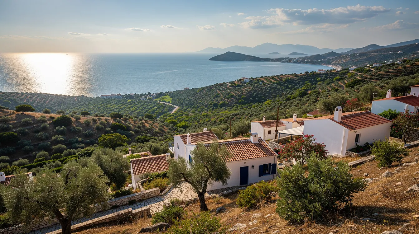 Der Blick von einem Hügel zeigt eine malerische grüne Landschaft mit dem glitzernden Meer im Hintergrund und einer kleinen griechischen Ortschaft im Vordergrund, die an die Schönheit von Glyfada Beach auf Korfu erinnert. Die Szenerie vermittelt ein Gefühl von Ruhe und Idylle, ideal für Reisende, die die Natur und Kultur der Insel genießen möchten.