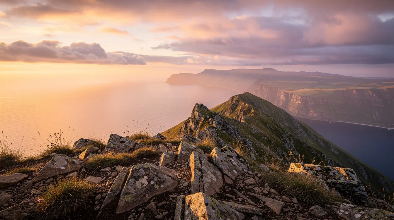 Der Blick vom Gipfel des Pantokrator auf die Küste der Insel Korfu zeigt eine atemberaubende Landschaft bei Sonnenuntergang, wo das goldene Licht über das Ionische Meer strahlt und die sanften Wellen gegen die Felsen schlagen. In der Ferne sind die Strände und Dörfer der nordöstlichen Küste zu erkennen, während Olivenbäume die Umgebung schmücken.