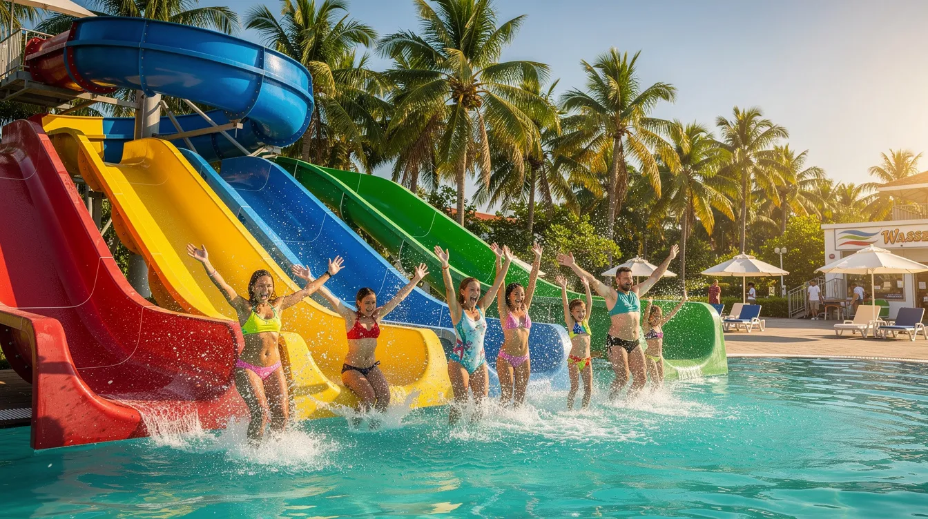 Eine fröhliche Familie mit Kindern rutscht auf bunten Wasserrutschen in einem sonnigen Wasserpark, umgeben von hohen Palmen. Der Wasserpark, möglicherweise Aqualand Korfu, bietet eine Vielzahl von Wasserspaß und Aktivitäten für die ganze Familie.