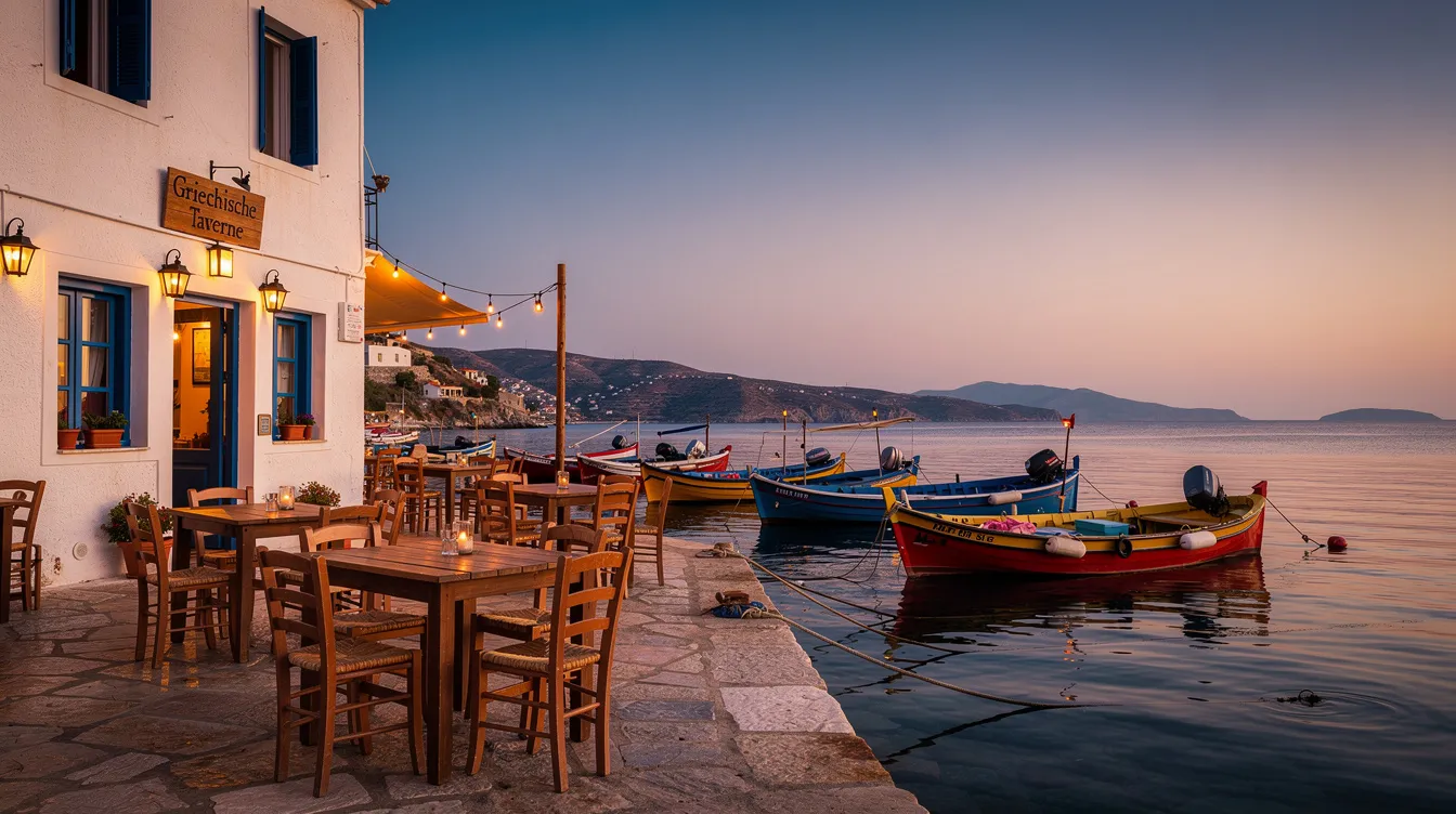 Eine griechische Taverne mit rustikalen Holztischen steht direkt am Wasser, umgeben von bunten Fischerbooten im Hafen, während die Abendstimmung eine romantische Atmosphäre schafft. Dieser Ort in Kassiopi auf Korfu ist ideal für einen Traumurlaub mit Blick auf das Wasser.
