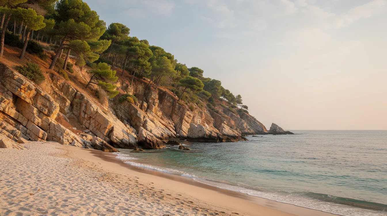 Ein naturbelassener Strand mit steilen Klippen und Pinien, der an ein ruhiges Meer grenzt, bietet eine idyllische Kulisse auf der Insel Korfu. Diese Szenerie strahlt Ruhe aus und ist ideal für Erholungssuchende, die die Schönheit des Kavos Beach erleben möchten.