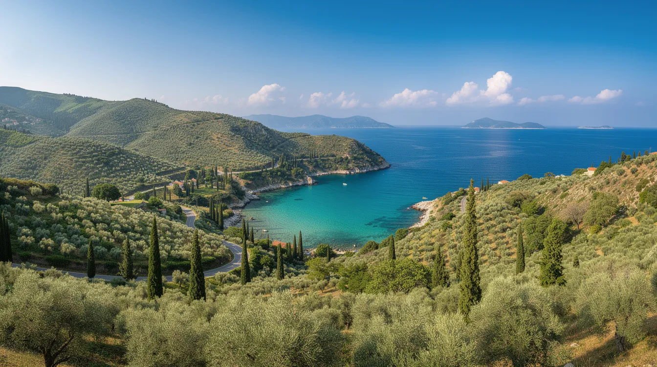 Der Panoramablick zeigt die grüne Küste Korfus, gesäumt von Olivenhainen und dem glitzernden türkisfarbenen Meer, das die Schönheit der Insel perfekt ergänzt. Diese Aussicht ist eines der schönsten Highlights und gehört zu den Top-Sehenswürdigkeiten auf Korfu, die Reisende während ihres Urlaubs nicht verpassen sollten.