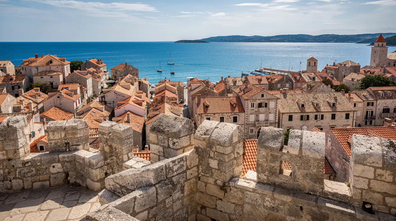 Der Blick von den Steinmauern der alten Festung auf die roten Dächer der Altstadt von Korfu zeigt eine malerische Landschaft, in der sich das blaue Wasser des Hafens harmonisch mit der historischen Architektur verbindet. Die Atmosphäre ist geprägt von der Geschichte und dem Flair der jahrhundertealten Inselhauptstadt.