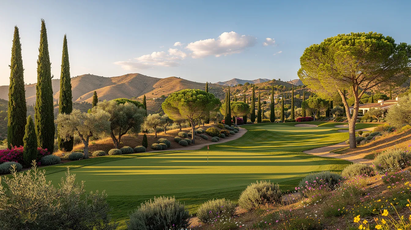 Ein gepflegter Golfplatz erstreckt sich zwischen sanften Hügeln und mediterraner Vegetation, wobei die grüne Fläche harmonisch in die natürliche Umgebung integriert ist. Im Hintergrund sind die typischen Merkmale der Insel Korfu zu erkennen, die für ihren Urlaubsort Ermones bekannt ist.