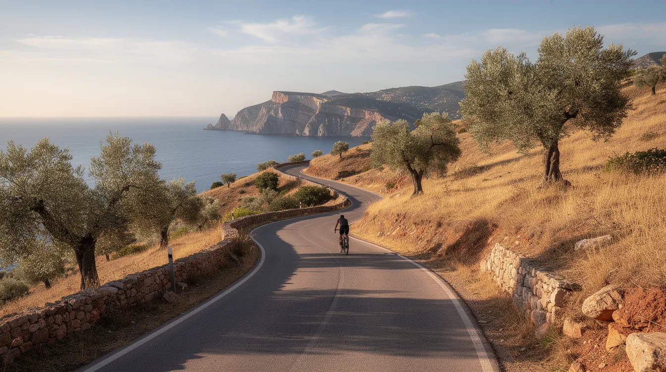 Ein Radfahrer fährt auf einer kurvenreichen Straße, umgeben von mediterranen Hügeln mit Olivenbäumen und einem herrlichen Blick auf das Meer. Diese malerische Landschaft befindet sich in der Nähe von Dassia auf der Insel Korfu, ideal für einen aktiven Urlaub.