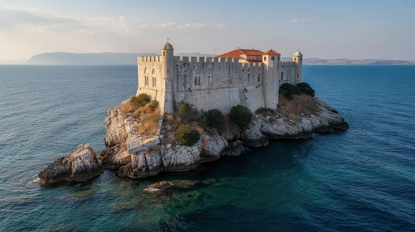 Das Bild zeigt eine alte mediterrane Festung, die auf einer felsigen Halbinsel thront und von dem tiefblauen Wasser des Ionischen Meeres umgeben ist. Diese beeindruckende Sehenswürdigkeit auf Korfu bietet einen atemberaubenden Blick auf die Küste und die umliegenden Strände.