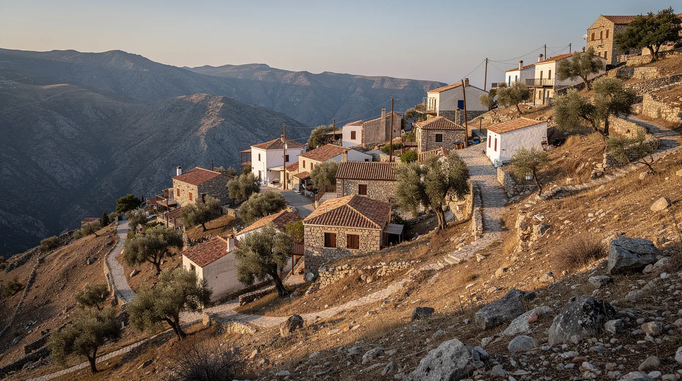 Das Bild zeigt ein kleines griechisches Bergdorf mit traditionellen Steingebäuden und üppigen Olivenbäumen, eingebettet an einem Berghang in der Nähe des Pantokrator auf der Insel Korfu. Die malerische Landschaft bietet einen Blick auf die umliegenden Berge und die griechisch-orthodoxe Kirche, die das Dorf prägt.