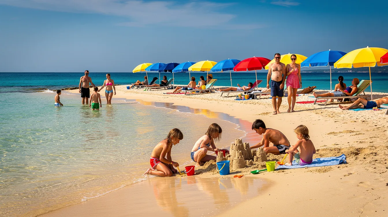 Am flach abfallenden Sandstrand von Moraitika auf Korfu genießen Familien das klare Wasser unter bunten Sonnenschirmen, während im Hintergrund die Küstenstraße und Tavernen zu sehen sind. Der Strand ist ein beliebter Ferienort, ideal für Urlauber, die Entspannung und Wassersport suchen.