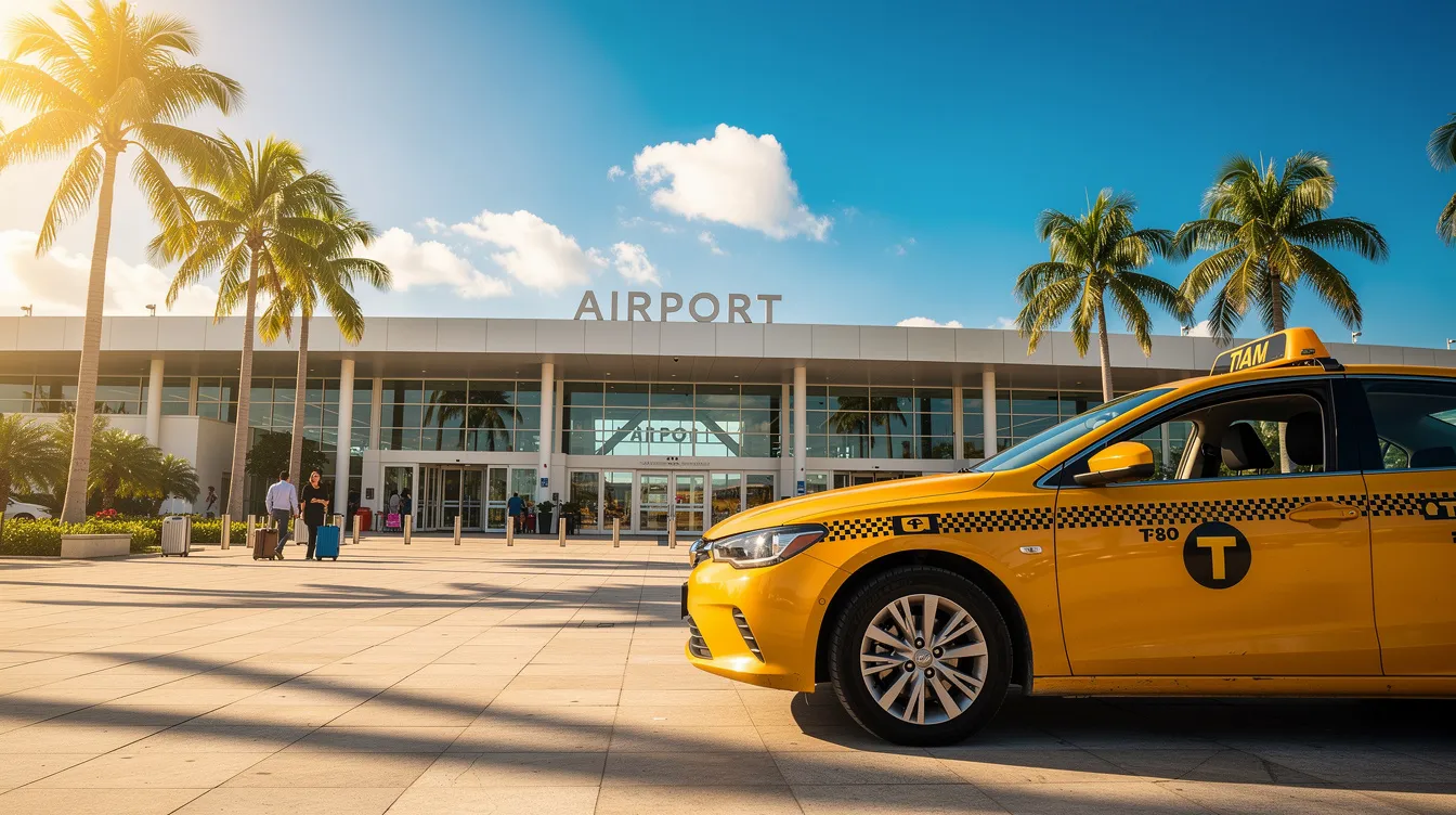 Ein Taxi steht vor dem Flughafen Korfu, umgeben von Palmen und unter einem strahlend blauen Sommerhimmel. Der Fahrer wartet auf Reisende, die zu den Stränden und Sehenswürdigkeiten der Insel aufbrechen möchten.