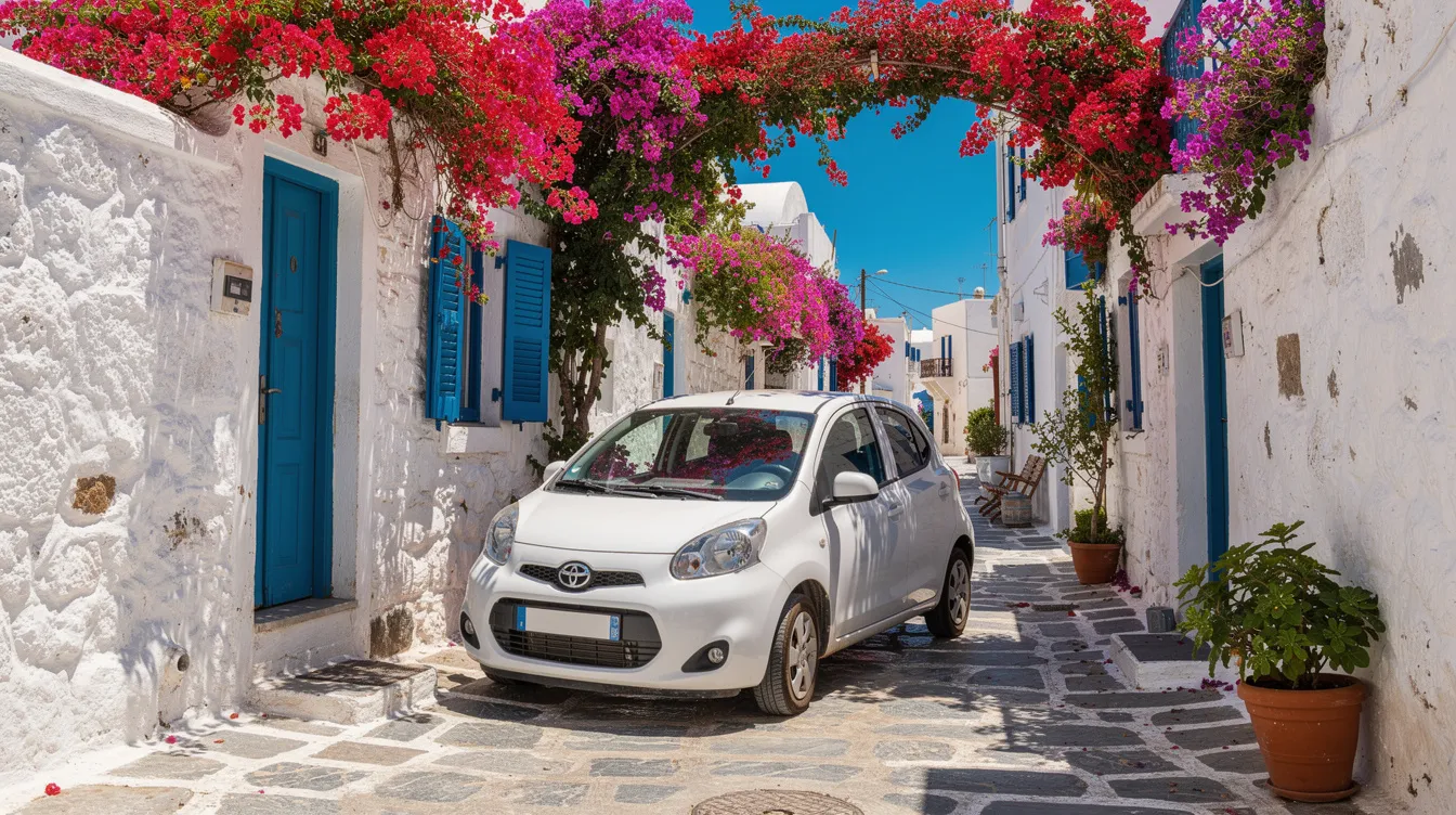 Ein kleiner weißer Mietwagen steht in einer engen Gasse eines traditionellen griechischen Dorfes, umgeben von bunten Bougainvillea-Blüten an den Wänden. Dieses Bild vermittelt die Schönheit und den Charme von Korfu, ideal für Urlauber, die die Insel erkunden möchten.