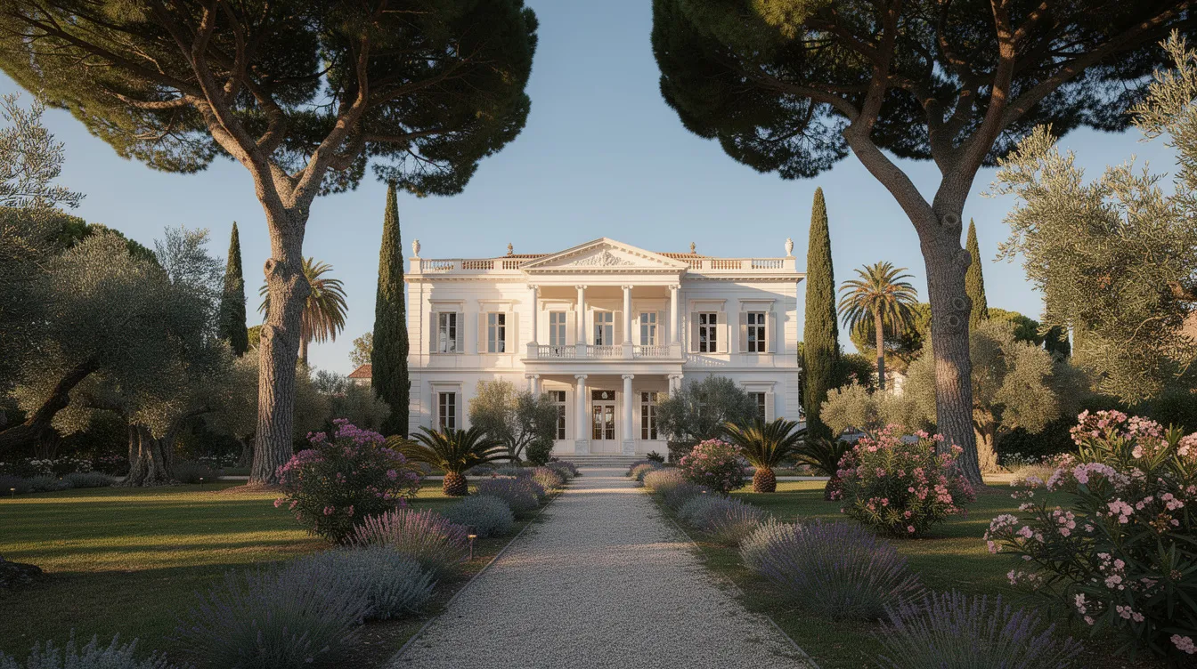 Die neoklassizistische weiße Villa steht majestätisch in einem weitläufigen Park, umgeben von alten Bäumen und mediterraner Vegetation, die eine ruhige Atmosphäre schafft. Im Hintergrund ist ein Blick auf die Halbinsel und das Meer zu erkennen, was die Schönheit dieses Ortes in Griechenland unterstreicht.