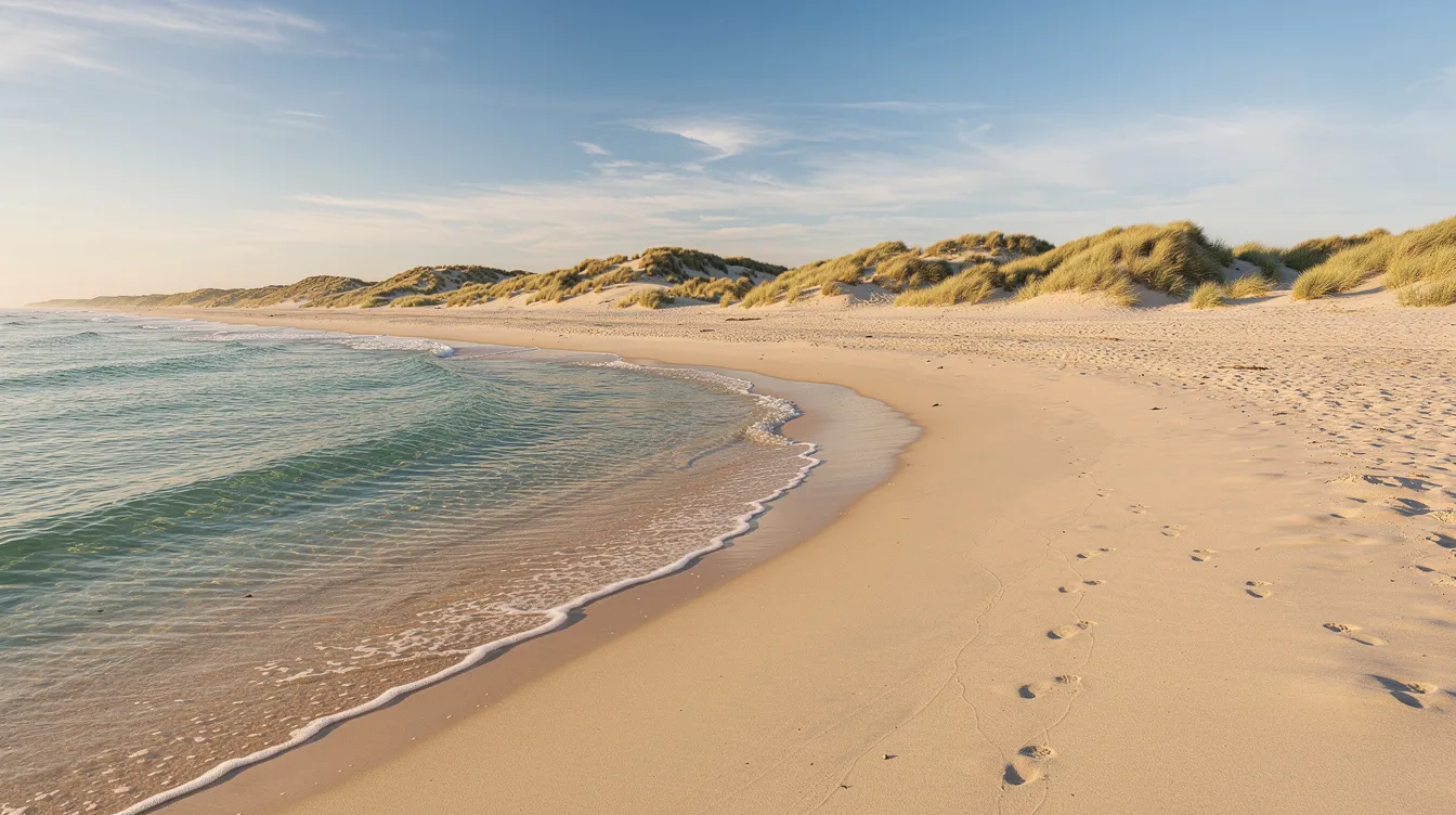Das Bild zeigt einen breiten Sandstrand mit flachem, türkisfarbenem Wasser, umgeben von sanften Dünen mit Gras im Hintergrund. Diese idyllische Küstenlandschaft könnte Teil der schönen Strände auf Korfu, einer der ionischen Inseln in Griechenland, sein.