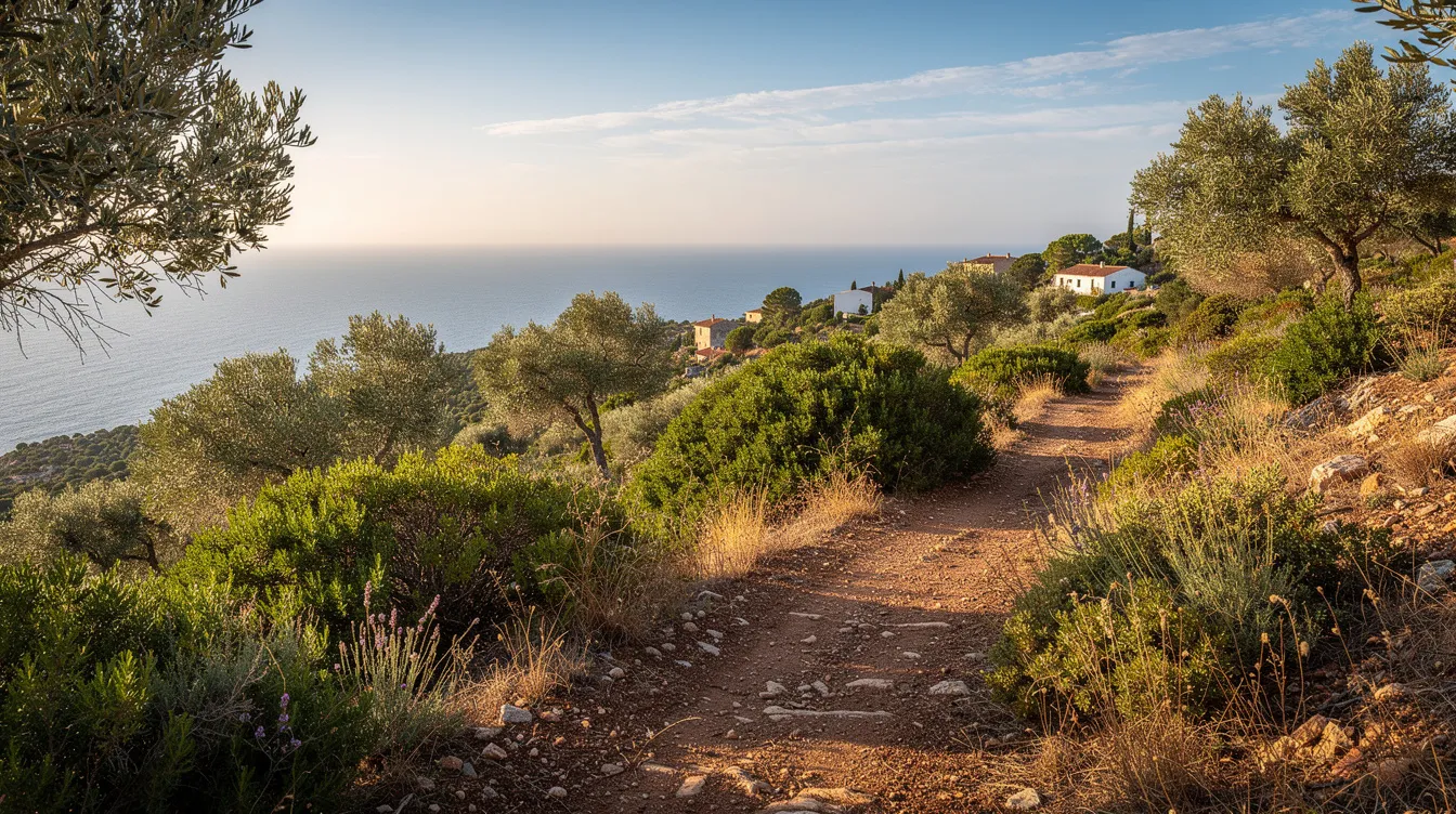 Ein malerischer Wanderweg führt durch die mediterrane Vegetation mit Olivenbäumen und Zypressen, während in der Ferne das glitzernde Meer sichtbar ist. Diese Landschaft auf Korfu bietet eine perfekte Kulisse für einen erholsamen Urlaub und lädt zu Erkundungen der natürlichen Schönheit der Insel ein.