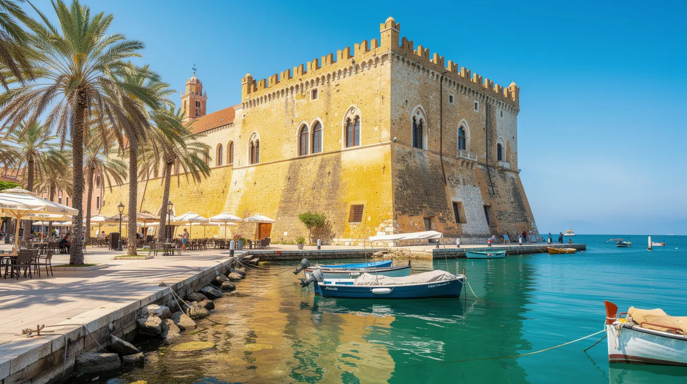 Die venezianische Festung thront majestätisch an einer mediterranen Hafenpromenade, umgeben von Palmen und unter einem strahlend blauen Himmel. Diese Szene spiegelt das entspannte Urlaubsgefühl von Korfu wider, ideal für Touristen, die die Schönheit der Insel und ihrer Strände erkunden möchten.