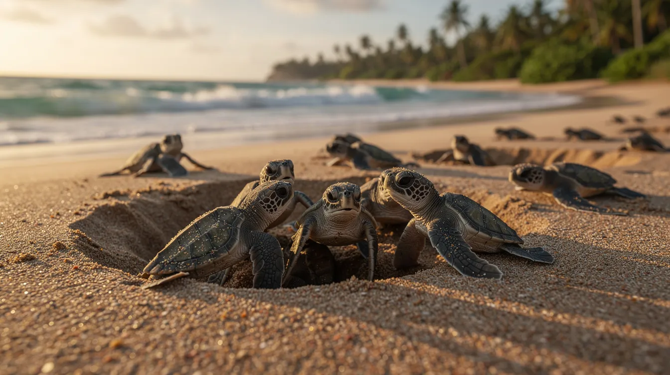 Eine Gruppe kleiner Babyschildkröten schlüpft aus ihrem Sandnest und beginnt ihren Weg über den tropischen Strand in Richtung Meer. Diese süßen Meeresschildkröten, darunter die grüne Meeresschildkröte, erleben ein beeindruckendes Naturschauspiel, während sie sich dem Ozean nähern.