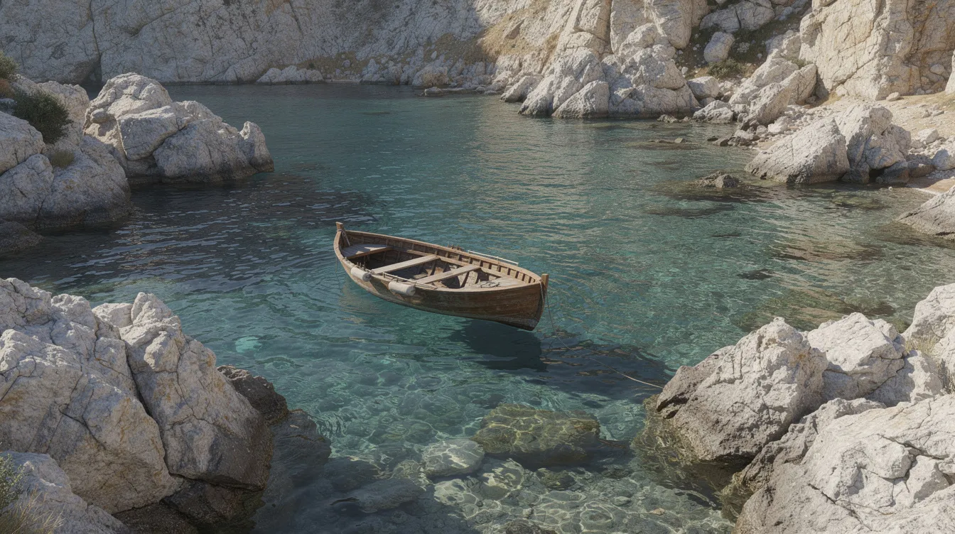 Ein kleines Boot schaukelt sanft in einer türkisfarbenen Bucht, umgeben von beeindruckenden Felsen. Diese malerische Szene auf Korfu, nahe dem beliebten Urlaubsort Kavos, strahlt Ruhe und Erholung aus.