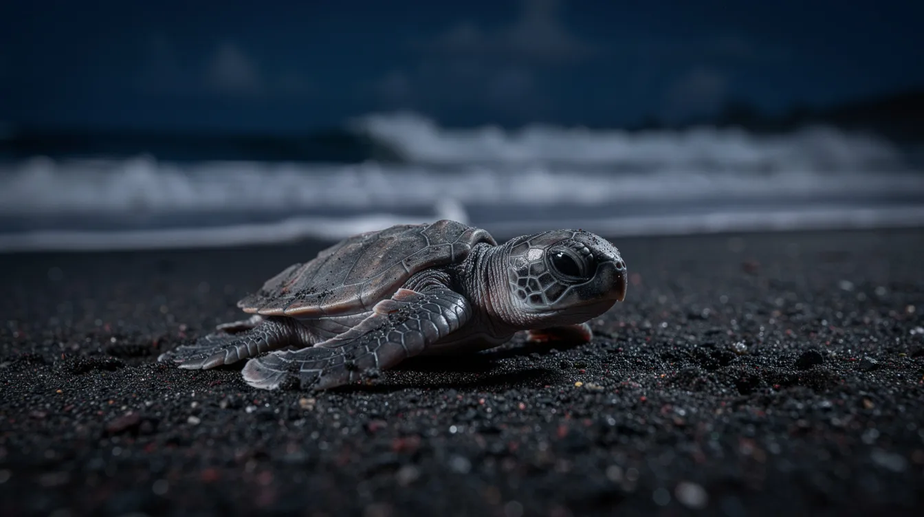 Eine winzige Meeresschildkröte krabbelt über den dunklen Sandstrand, während im Hintergrund sanfte Wellen bei Nacht an den Strand rollen. Diese Babyschildkröte ist auf dem Weg ins Meer, ein beeindruckendes Naturschauspiel, das die Brutzeit der Schildkröten symbolisiert.